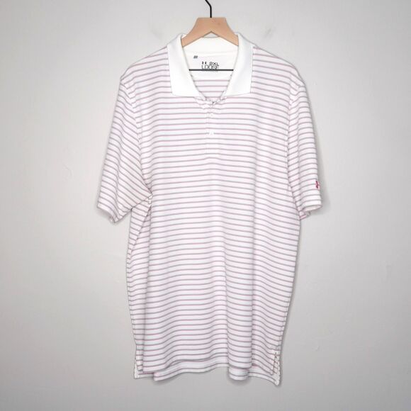 Under Armour Mens Loose Polo Shirt 2XL Pink White Stripes HeatGear Cancer Ribbon - Picture 1 of 11